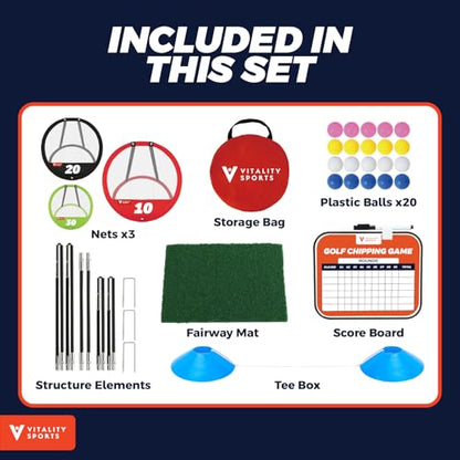 Vitality Sports Golf Chipping Net, 3PCS Pop-Up Golf Practice Net for Backyard, Indoor Outdoor Chipping Game with 3 Targets, 1 Hitting Mat, 20 Balls, Tee Box - style: Golf Net & Mat
