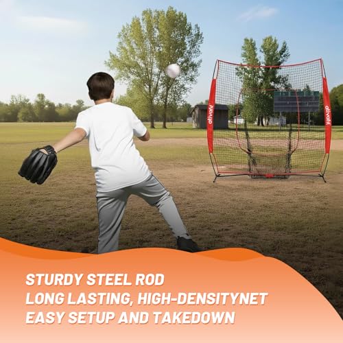 Ativafit 7x7 Baseball Practice Net - Portable Pitching & Batting Training Net with Hung Net*2 - Easy Setup Baseball Net - Includes, Practice Balls*3, Batting Tee*1, Carry Bag*1 - color: RED
