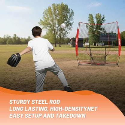 Ativafit 7x7 Baseball Practice Net - Portable Pitching & Batting Training Net with Hung Net*2 - Easy Setup Baseball Net - Includes, Practice Balls*3, Batting Tee*1, Carry Bag*1 - color: RED