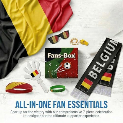 Soccer Fan Gear Set 2026-7 Piece Game Day Kit with Flag, Scarf, Glasses, Whistle, Clapper, Wristband & Headband in Gift Box - Watch Party & Stadium Essentials for for Belgium - color: Belgium