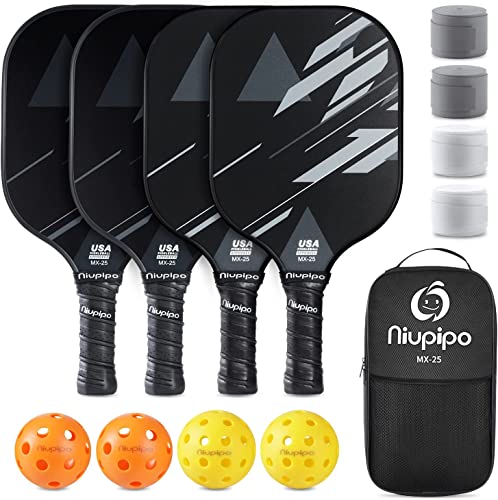 niupipo Pickleball Paddles Set of 2 or 4, USAPA Approved Fiberglass Pickleball Paddle Set with Balls and Bag, Polypropylene Honeycomb Core, Lightweight Pickleball Paddles for Beginners Men Women - color: Black & Grey