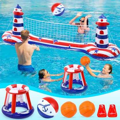 EagleStone Inflatable Pool Float Set with Volleyball Net & Basketball Hoop,2-in-1 Floating Water Games for Kids Adults, Backyard Beach Summer Toys, Heavy-Duty PVC Family Pool Party Essentials - color: Red