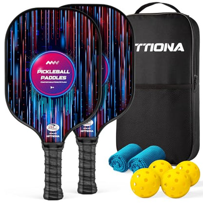 HITTIONA Pickleball Paddles - Fiberglass Pickleball Paddles Set of 2, USAPA Approved Pickle Ball Rackets 2 Pack with 4 Pickleball Balls, 1 Pickleball Net Bag, Paddles Ball Set for Beginners