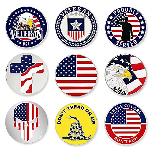 PinMart’s Mix Bundle Pack of 9 Golf Ball Markers - Golf Accessories for Men and Women – United States Eagle and American Flag Magnetic Ball Markers Set of 9 - color: American Veteran Blue/White/Red