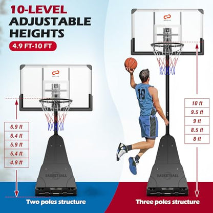 Goplus Basketball Hoop Outdoor, 4.9-10 FT Quickly Height Adjusted Basketball Goal System with 44 Inch PC Backboard, Basketball Rebound, Wheels for Adults Court Backyard Driveway