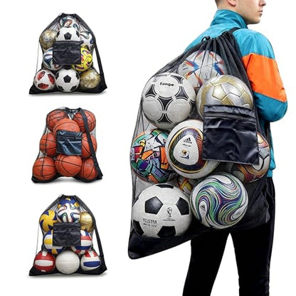 Extra Large Mesh Ball Bag with Pocket, Holds 13 Soccer Balls, 10 Basketballs, Heavy Duty Drawstring Net Bag, Team Coaches Sports Equipment Storage Duffle Sack for Volleyball, Swimming Gear