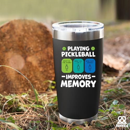 Panvola Playing Pickleball Improves Memory Tumbler Sports Player Gifts Vacuum Insulated Stainless Steel Tumbler With Removable Lid And Straw (Black, 20 oz) - size: 20 Ounces