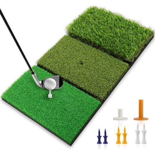 Golf Practice Mat Golf Hitting Mat for Swing, Putting & Chipping | Portable Golf Training Mat Indoor/Outdoor, Dual-Turf/Tri-Turf Golf Mat with 8 Tees