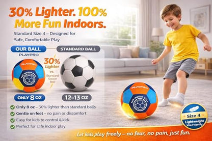 Indoor Soccer Ball Size 4 – Soft Foam Fabric Soccer Ball for Kids – Safe Quiet Indoor House Ball for Home Play & Training
