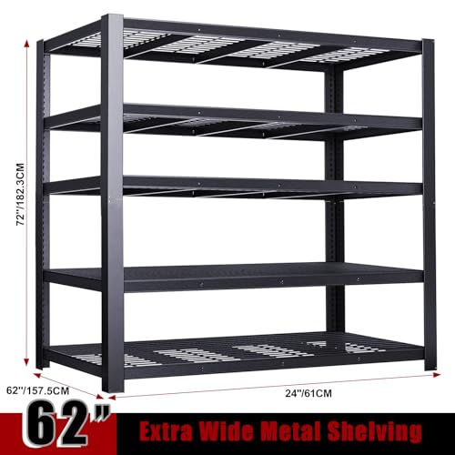 62" W 3050LBS Storage Shelves Unit,5 Tier Heavy Duty Metal Shelving Unit and Storage Large Rack,72" H x62 W x24 D Adjustable Metal Shelving Unit,Garage Shelves for Basement,Warehouse - size: 24x62x72
