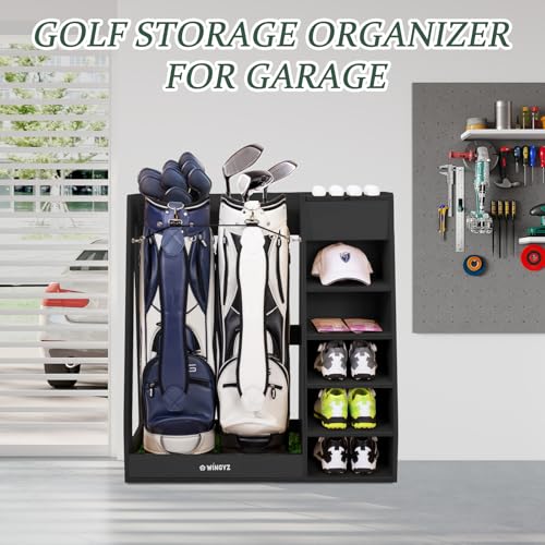 WINGYZ Premium Birch Plywood Golf Bag Storage for 2 Bags | 36lb Rock-Solid Golf Bag Organizer | 7-Shelf Command Center | Artificial Turf 12-Ball Display | No Wall Mounting Required (Black) - color: Black