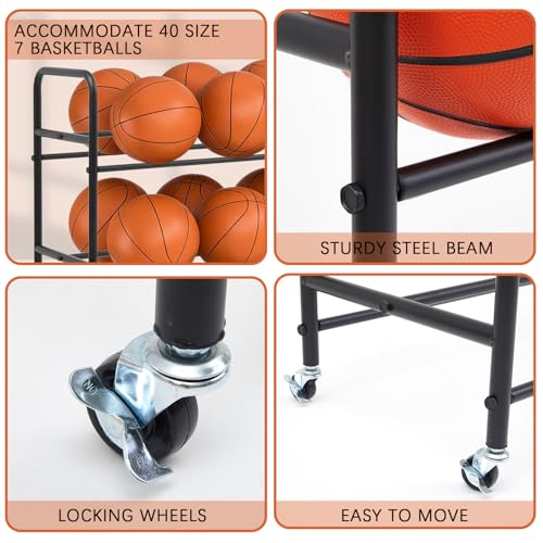 Colingmill Heavy Duty Basketball Rack with Wheels, Multi-Tier Rolling Ball Storage Cart, Sports Equipment Organizer for School, Gym, Club Shoot Training