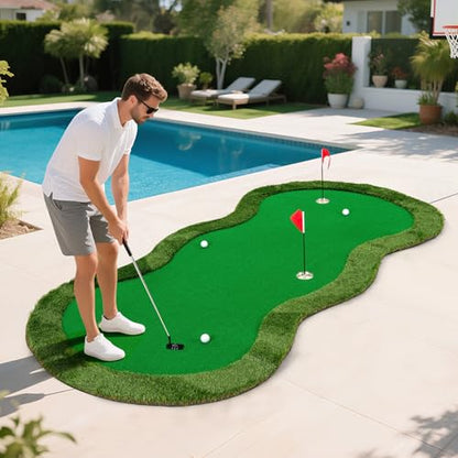 Tangkula 10 FT Golf Putting Green, Large Professional Golf Training Mat with Realistic Artificial Grass Turf, 3 Holes, 3 Flags and Cups for Indoor Outdoor Putting Practice - size: 10 FT x 5 FT, style: Waved