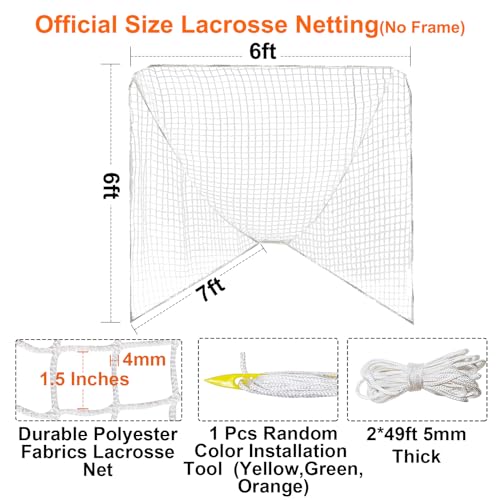1/2Pcs 4/5/6mm 6’X6’X7’ Heavy Duty Lacrosse Goal Net with 1/2XRandom Color Installation Tool and 2/4X49ft Lacrosse Net Lacing Rope Lacrosse Replacement Net for Lacrosse Practice，Competition