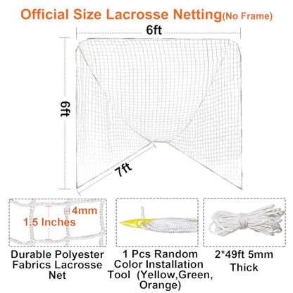 1/2Pcs 4/5/6mm 6’X6’X7’ Heavy Duty Lacrosse Goal Net with 1/2XRandom Color Installation Tool and 2/4X49ft Lacrosse Net Lacing Rope Lacrosse Replacement Net for Lacrosse Practice，Competition