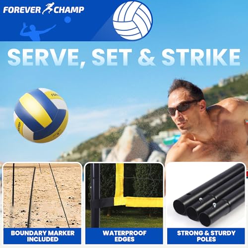 Forever Champ Volleyball Net for Backyard, Beach, Home, Includes 32x3 Ft Regulation Size Net, 8.5-Inch PU Volleyball, Carrying Bag, Boundary Lines, Steel Poles & Pump, Portable Volleyball Net Outdoor