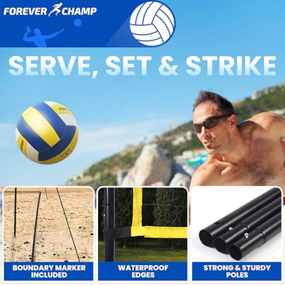 Forever Champ Volleyball Net for Backyard, Beach, Home, Includes 32x3 Ft Regulation Size Net, 8.5-Inch PU Volleyball, Carrying Bag, Boundary Lines, Steel Poles & Pump, Portable Volleyball Net Outdoor