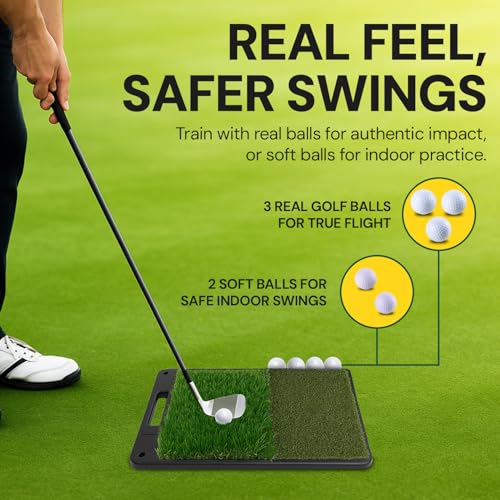 Golf Practice Net with Dual Mats, 3 Tees & 5 Balls – Golf Training Net for Indoor/Outdoor Swing Practice, Backyard Driving & Chipping Set, Portable Training Aid, Great Gift for Men