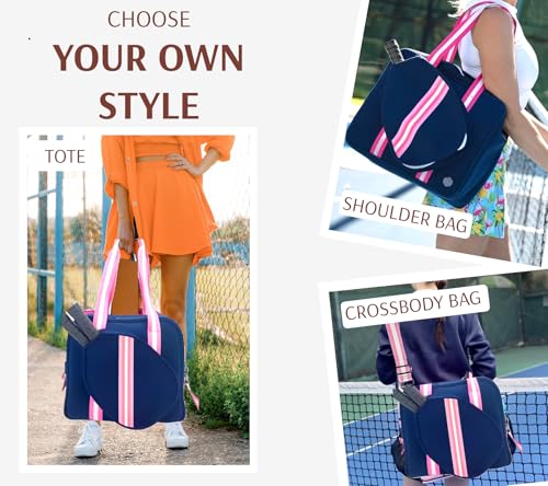 Pickleball Sports Tote Bag with Racket Holder, Neoprene, Adjustable Shoulder Strap - color: Navy Blue