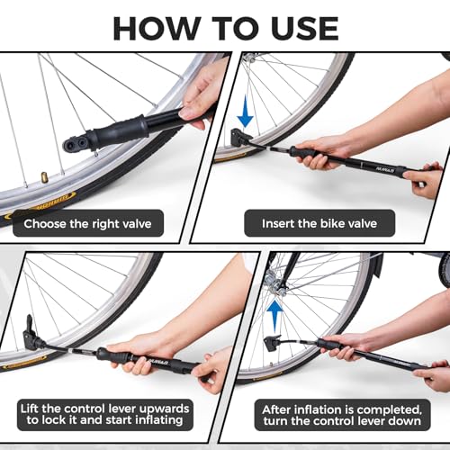 NUWAB Mini Bike Pump, 10 Inch Portable Hand Bicycle Pump, 100PSI, Support Shrader and Presta, Fast Air Out Ball Pump, Work with All Bikes and Balls, Swimming Ring, Come with Ball Needles, Nozzles
