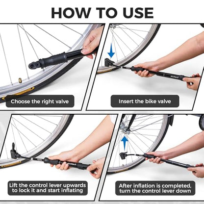 NUWAB Mini Bike Pump, 10 Inch Portable Hand Bicycle Pump, 100PSI, Support Shrader and Presta, Fast Air Out Ball Pump, Work with All Bikes and Balls, Swimming Ring, Come with Ball Needles, Nozzles