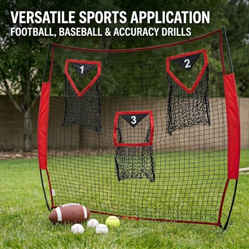 Football Throwing Net - Heavy-Duty Portable Nylon Net with 3 Target Pockets - 6x6FT Football Goal Practice - Youth Quarterback Training Field & Home Backyard
