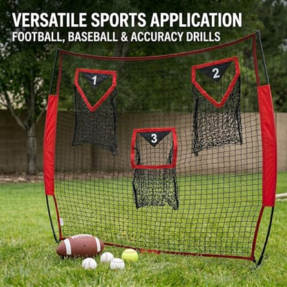 Football Throwing Net - Heavy-Duty Portable Nylon Net with 3 Target Pockets - 6x6FT Football Goal Practice - Youth Quarterback Training Field & Home Backyard