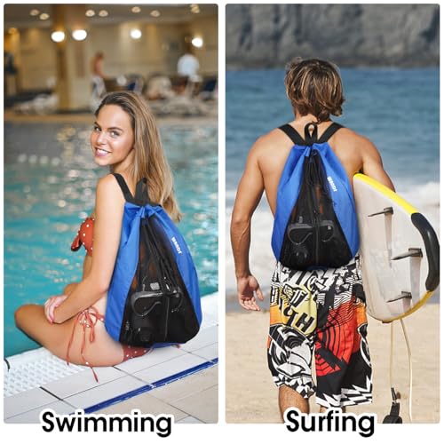 WANDF Swim Bag Mesh Drawstring Backpack Beach Backpack for Swimming, Gym, and Workout Gear - color: Navy Blue With Wet Pocket