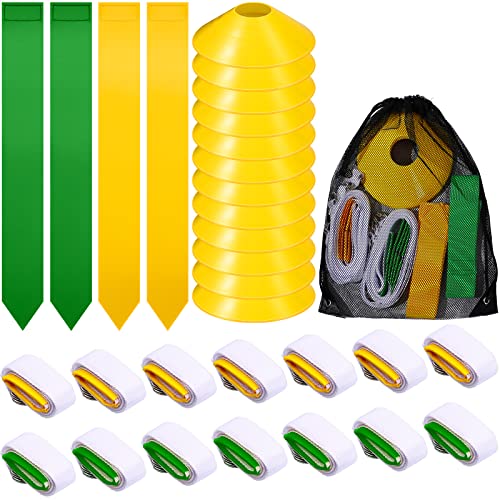Flag Football Set, 14 Player Adjustable Belts with Cones Includes 14 Easy Tear Away Belts, 28 Football Flags, 12 Cones, 1 Carrying Bag for Youths, Adults Sport Team Training - style: Yellow, Green
