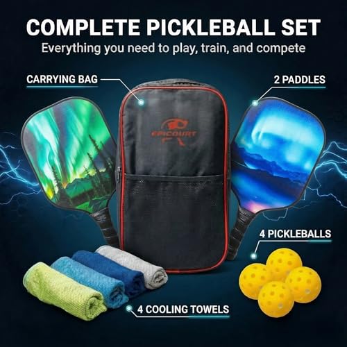 Pickleball Paddle Set - USAPA Approved Fiberglass Paddles | Lightweight Honeycomb Core | Includes 4 Balls, Carry Bag, and Cooling Towels | Ideal for All Players by EPICOURT - size: 2 Pack, style: Wilderness