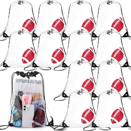 Cholemy 12 Pcs Clear Football Drawstring Bags Drawstring Backpack 17 x 13 Inch Football Gift Bags Goodie Bags Party Favor Bags Waterproof Plastic Sports Gym Bags for Football Sports Events Stadium - style: Football Style