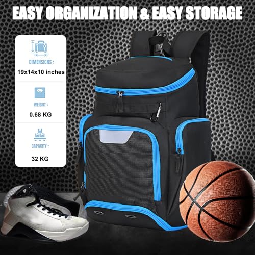 LARIPOP Basketball Backpack with Ball & Ventilated Shoe Compartment Insulated Pockets for Men Youth Training - color: TR Blue