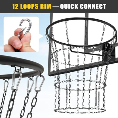 Insaga Chain Basketball Net Heavy Duty Metal - 19'' Basketball Chain Net for Hoop Outdoor Indoor Replacement, Rustproof Steel Chain Net for Standard 12-Loop Rim, Easy to Install