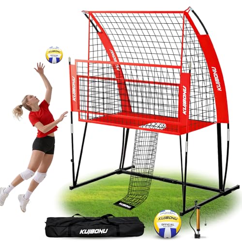 Volleyball Training Net System, Volleyball Training Equipment with Freely Height-Adjustable for Backyard, Volleyball Practice Net for Serving Setting Spiking, Includes Ball Kit and Carry Bag - color: Red
