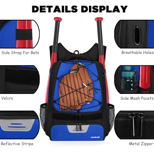 Goloni | Baseball Backpack,Baseball Bag for Adult,Softball Bat Bag with Shoes Compartment,Large Main Compartment for Helmet & accessories, Fence Hook - color: pure blue