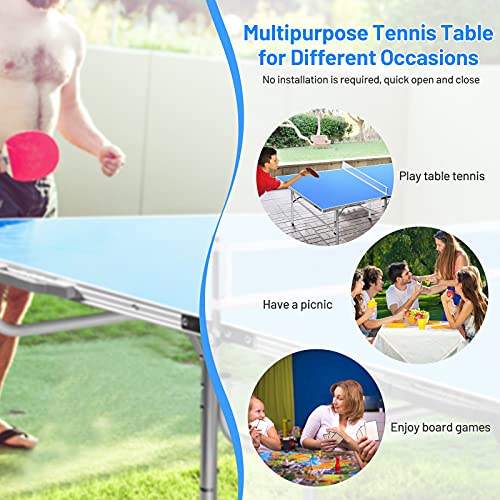 GYMAX Indoor Table Tennis Table Set, Folding Ping Pong Table with Net, 2 Paddles & 2 Balls, Multipurpose Free Standing Table Tennis Kit