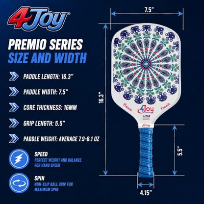 4Joy Pickleball Paddle Premio Series - Thermoformed Premium T700 Carbon Fiber Pickleball Paddless - Professional Pickleball Rackets for Women & Men - 16mm Honeycomb Core - USAP Approved - style: Union Pack: Fitz