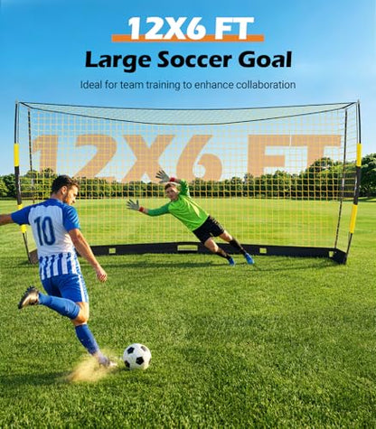 MoKo 12x6 FT Soccer Goal with Precision Target, Soccer Goals for Backyard Indoor & Outdoor, Portable Soccer Net Training Equipment with Foldable Base, Sturdy Ground Stakes & Carry Bag