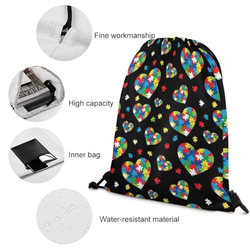 Sports Drawstring Bag Gym Sackpack Waterproof String Backpack for Running Training Fitness Men Women Unisex, Colorful Autism Awareness Puzzle Pieces Heart Bags - color: Picture (345)