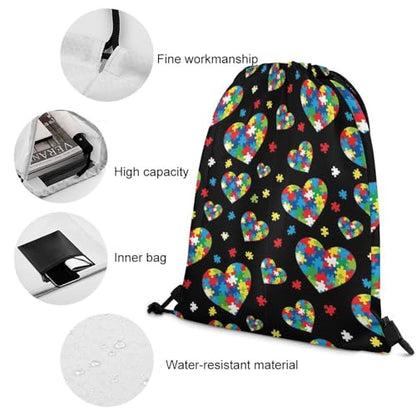 Sports Drawstring Bag Gym Sackpack Waterproof String Backpack for Running Training Fitness Men Women Unisex, Colorful Autism Awareness Puzzle Pieces Heart Bags - color: Picture (345)
