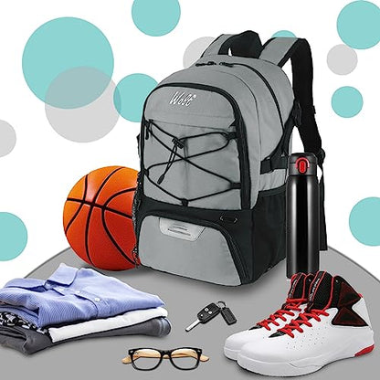 WOLT Basketball Backpack Large Sports Bag with Separate Ball Holder & Shoes Compartment, Best for Basketball, Soccer,Gym - color: LightGrey