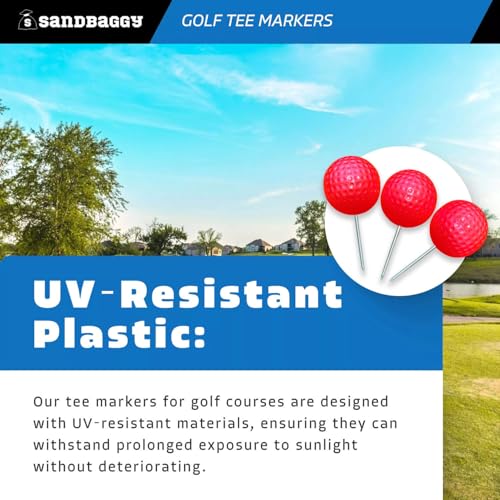 Sandbaggy Plastic Tee Markers for Golf Course (UV Resistant) - Steel Spike - Safety Caps Included - color: Red