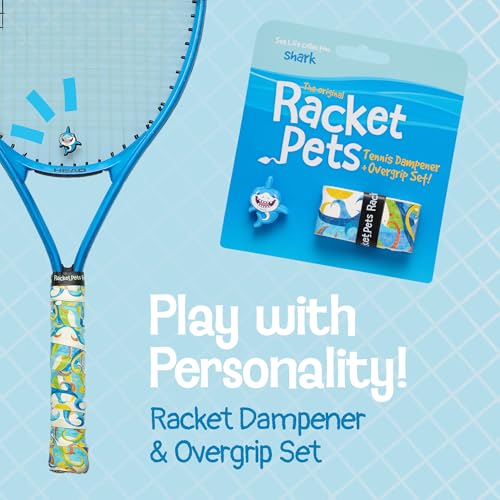 Racket Pets Kids Tennis Racket Dampener & Matching Overgrip Tape, Performance Shock Absorbing Dampener for Tennis Racket & Fun Animal Print Tennis Wrap Grip Tape - style: Shark
