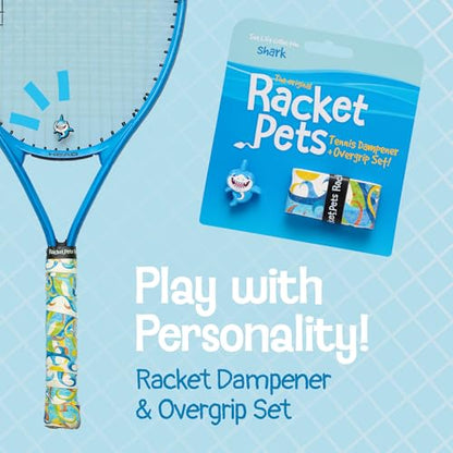 Racket Pets Kids Tennis Racket Dampener & Matching Overgrip Tape, Performance Shock Absorbing Dampener for Tennis Racket & Fun Animal Print Tennis Wrap Grip Tape - style: Shark