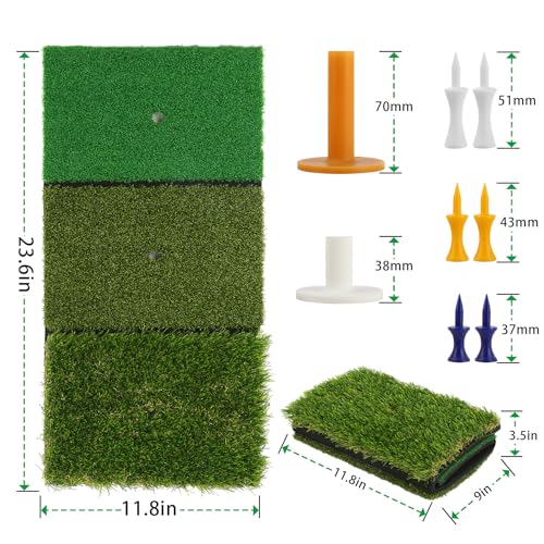 Golf Practice Mat Golf Hitting Mat for Swing, Putting & Chipping | Portable Golf Training Mat Indoor/Outdoor, Dual-Turf/Tri-Turf Golf Mat with 8 Tees