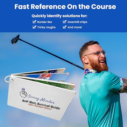Swing Minder Golf Reference Cards - Step-by-Step Instructions for 33 of Golf's Hardest Shots - Ideal Golf Gifts for Men or Golf Bag Accessories - Waterproof PVC and Sturdy Carabiner for Easy Use
