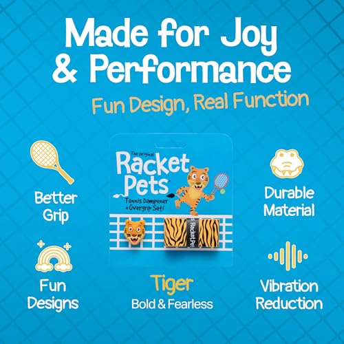 Racket Pets Kids Tennis Racket Dampener & Matching Overgrip Tape, Performance Shock Absorbing Dampener for Tennis Racket & Fun Animal Print Tennis Wrap Grip Tape - style: Tiger