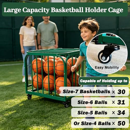 Ball Storage Cart, Basketball or Volleyball Storage Bin with Wheels, Durable Rolling Exercise Ball Cart Holder, Basketball Holder Cage for Indoor and Outdoor, Gym, School, Club - size: ‎Hold 30 Balls-7 27.6 in*31.5 in*35.4"