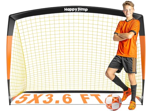 Happy Jump 7x5' & 5x3.6' Portable Soccer Goals for Kids Ages 6-14, Weatherproof Net and Steel Frame for Backyard Fun and Outdoor Training, Quick Setup and Sturdy for All Weather Conditions - style: Black Orange-5x3.6 FT