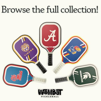 Officially Licensed College Pickleball Racquet - Front & Back Graphics, Micro-Textured Fiberglass Face, 16mm Honeycomb Core, Cold-Press, 8.8 oz, Reinforced Edge Guard